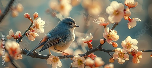 A small bird among the flowering branches of a tree
