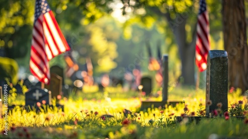 Memorial Day tribute featuring tombstones and Old Glory.