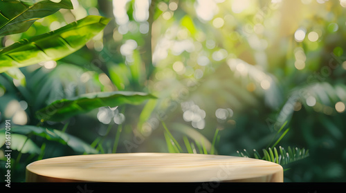 empty table top wooden counter podium in outdoor tropical garden forest blurred green plant background with spaceorganic product present natural placement pedestal displayspring and su   Generative AI
