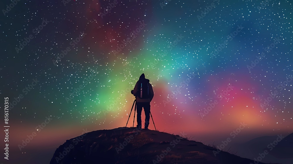 Silhouette of photographer with camera on top of the hill in the starry sky, Generative AI illustrations. Silhouette of photographer with camera on top of the hill in the starry sky, Generative AI illustrations.
