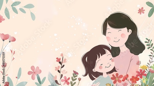 Mother s day greeting card with her daughter and flowers  Generative AI illustrations.