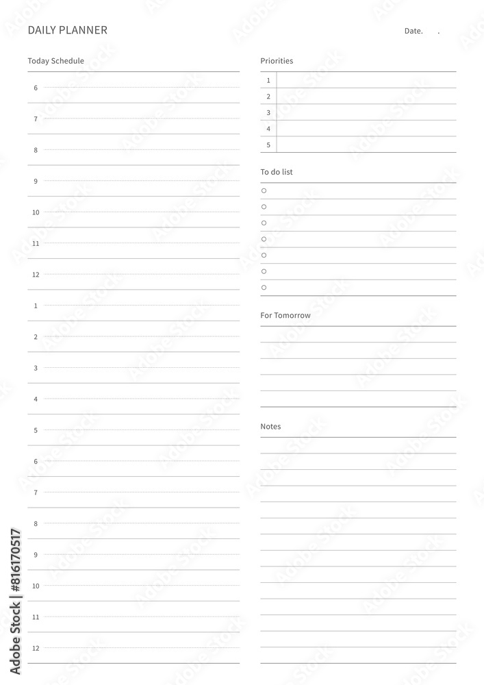 A daily plan design template in a modern, simple, and minimalist style. Note, scheduler, diary, calendar, planner document template illustration. A daily plan design template in a modern, simple, and minimalist style. Note, scheduler, diary, calendar, planner document template illustration.