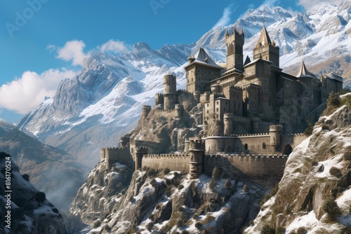 Stunning digital artwork of a medieval castle nestled in the heart of snowclad mountains photo
