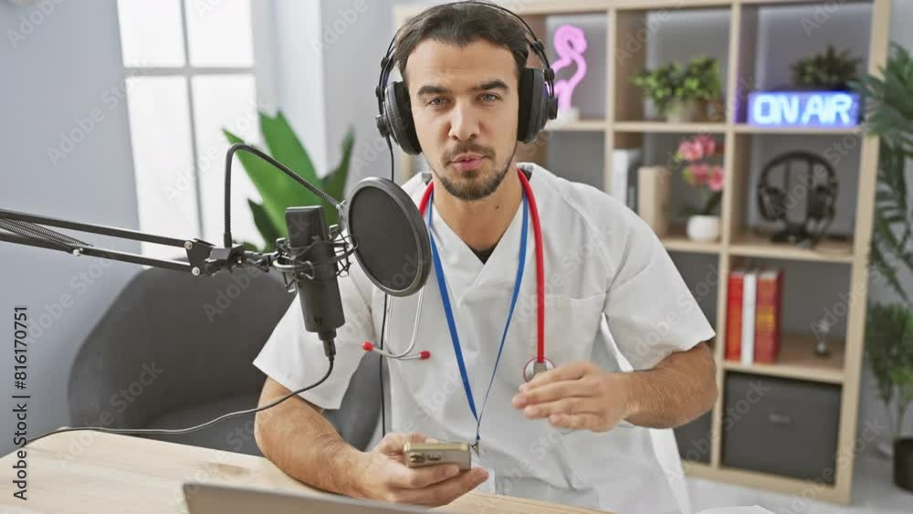 A focused hispanic man in a lab coat recording a podcast in a modern radio studio using a microphone and smartphone. A focused hispanic man in a lab coat recording a podcast in a modern radio studio using a microphone and smartphone.