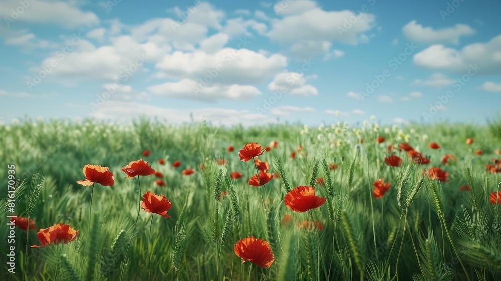 Fototapeta premium Red poppies in a green wheat field. Poppy plants. hyper realistic