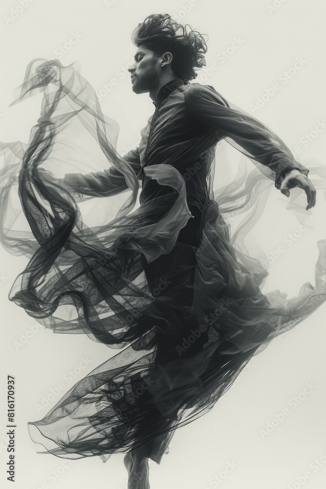 Fototapeta premium Artistic depiction of a modern dancer improvising, with overlapping figures capturing the spontaneity of their movements,