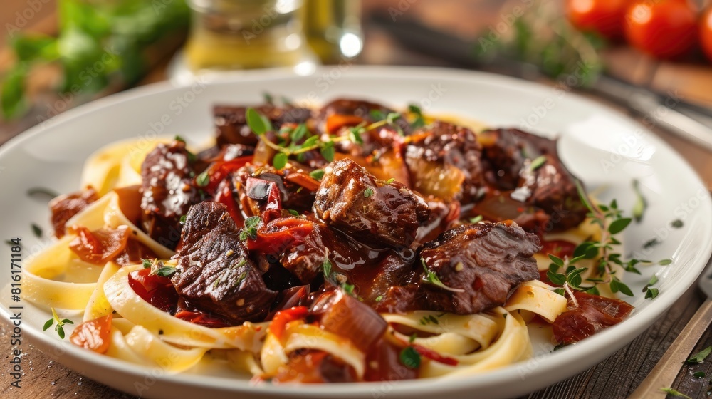 Beef with herbs and tomato sauce on pasta Beef with herbs and tomato sauce on pasta