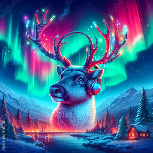 Digital art vibrant colorful reindeer wearing headphones listening to music with northern lights background © The A.I Studio