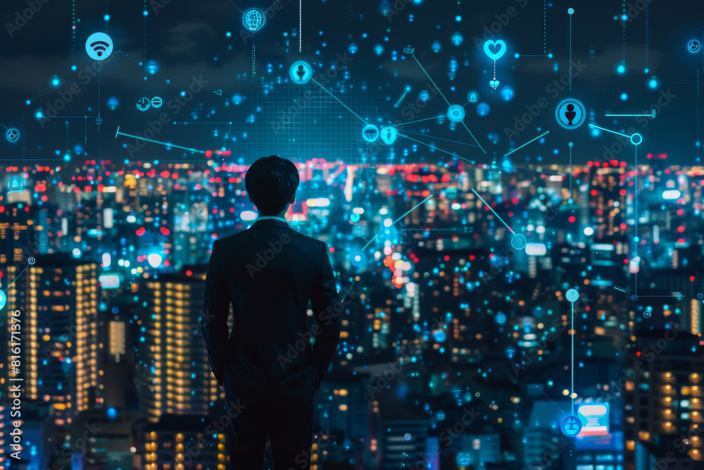 Fototapeta premium A man in a suit looks out over a city at night