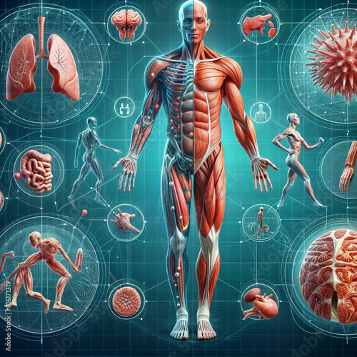 Conceptual anatomy healthy skinless human body, muscle system set,3d illustration created with generative ai. photo