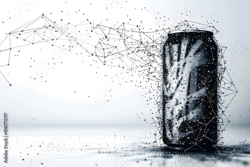 A close up of a can of soda with a lot of dots coming out of it photo