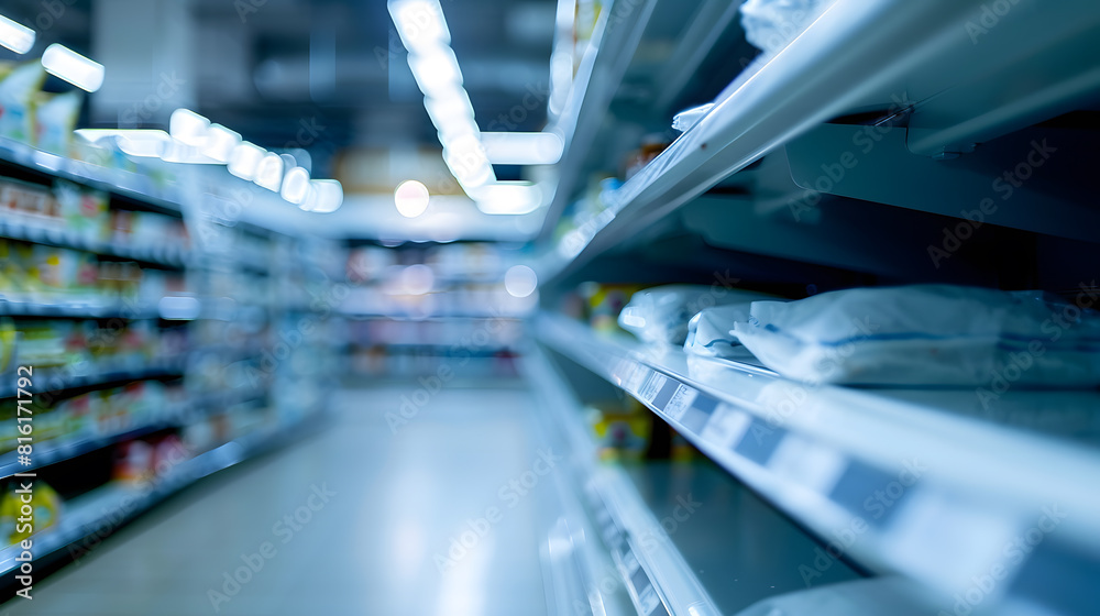 Soft focus image of empty shelves in a grocery store People panic buying sparked by the virus outbreak : Generative AI Soft focus image of empty shelves in a grocery store People panic buying sparked by the virus outbreak : Generative AI