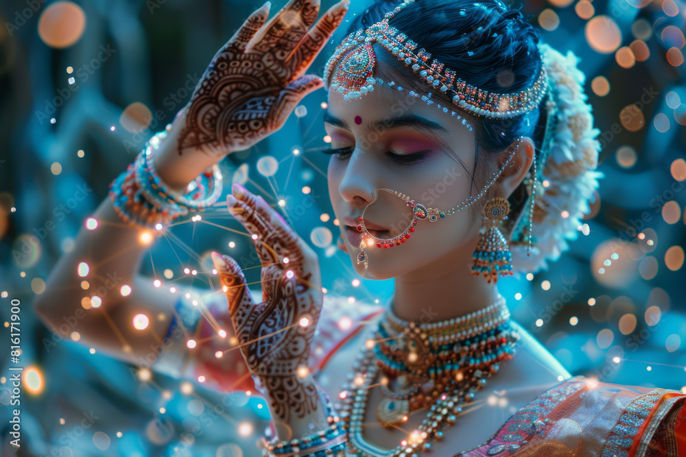 Artistic portrayal of a traditional Indian dancer performing a mudra ...
