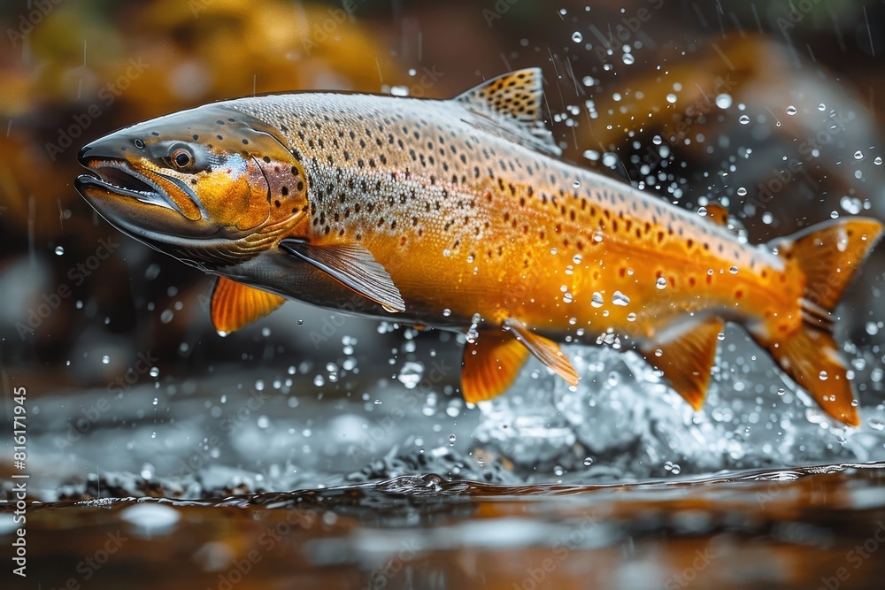Salmon jumping upstream during spawning season, symbolizing resilience. Salmon jumping upstream during spawning season, symbolizing resilience.
