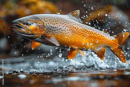Salmon jumping upstream during spawning season, symbolizing resilience. 