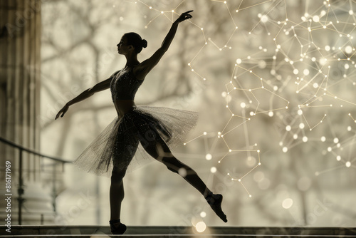 Scene of a ballet dancer performing an arabesque  with their extended leg creating a trail of linked molecules 