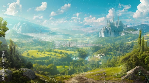 utopian landscape with a city in the distance 