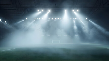 Sports stadium with a lights background Textured soccer game field with spotlights fog midfield Concept of sport competition winning action empty area for championships studio room nig : Generative AI