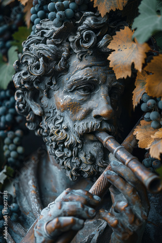 Scene of a satyr playing a flute, surrounded by grapevines and ivy, with clusters of grapes hanging within reach,