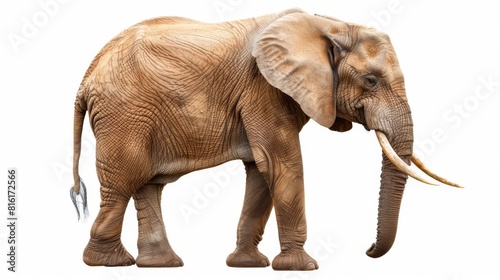 A side profile of an African elephant showcasing its tusks  wrinkled skin  and large ears against a white background