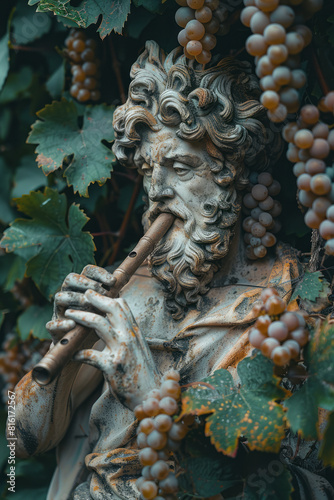 Scene of a satyr playing a flute, surrounded by grapevines and ivy, with clusters of grapes hanging within reach,