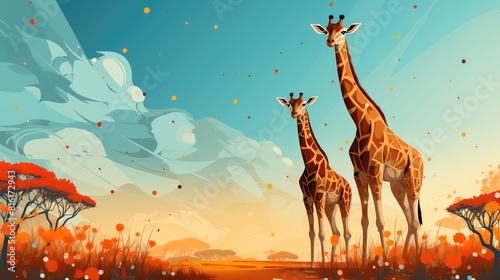 Giraffe flat design side view family herd dynamics theme animation Splitcomplementary color scheme
