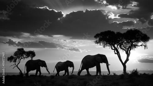 Majestic elephants are silhouetted against a dramatic African sky with piercing sunbeams