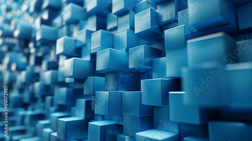 Blue cubes arranged on a wall  creating a geometric pattern. This stock footage showcases the striking design of cubes in a structured formation