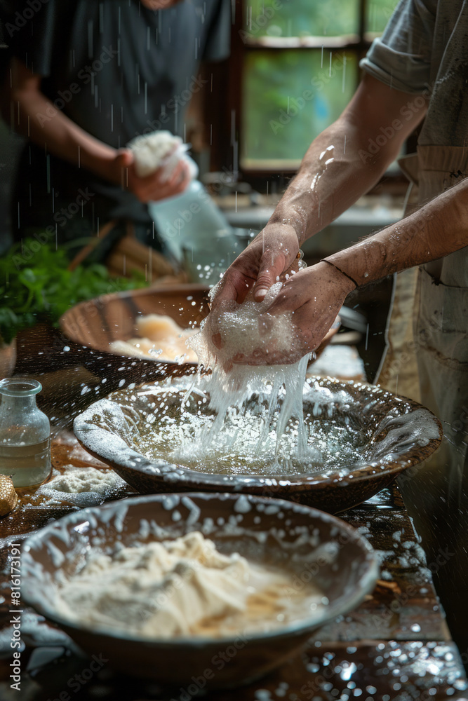 Fototapeta premium Scene of a family using a homemade vinegar and baking soda solution to clean their bathroom tiles,