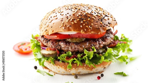 Burger bun stuffed with vegetables on a white background photo