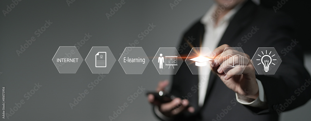 © Montri - Concept of Online education. man use Online education training and e-learning webinar on internet for personal development and professional qualifications. Digital courses to develop new skills.. © Montri - Concept of Online education. man use Online education training and e-learning webinar on internet for personal development and professional qualifications. Digital courses to develop new skills..