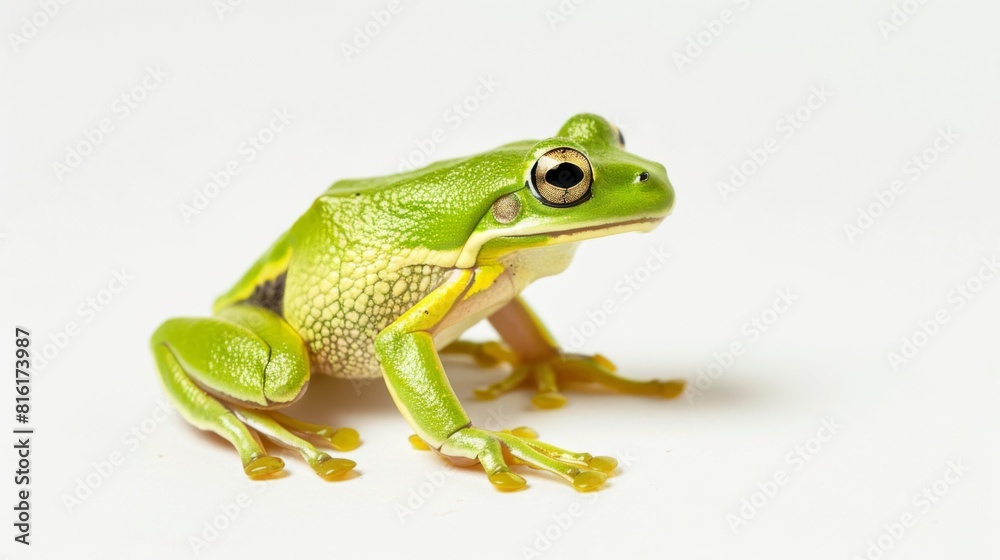 A bright and detailed close-up shot capturing the vivid colors and textures of a green frog against a stark white background A bright and detailed close-up shot capturing the vivid colors and textures of a green frog against a stark white background