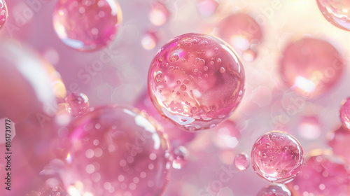 A close up of three liquid droplets with a pink background