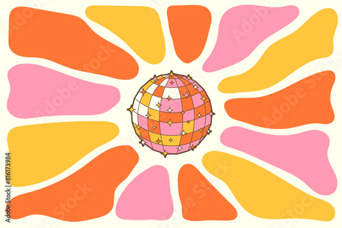 Retro groovy disco ball in trendy vintage colors with sunburst background. Disco vintage poster for retro 70s parties