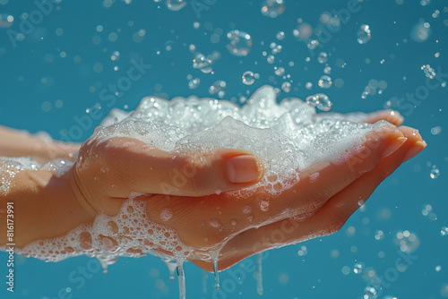 Scene of a hand washing with soap, with the foam revealing hidden fractal structures within the bubbles,
