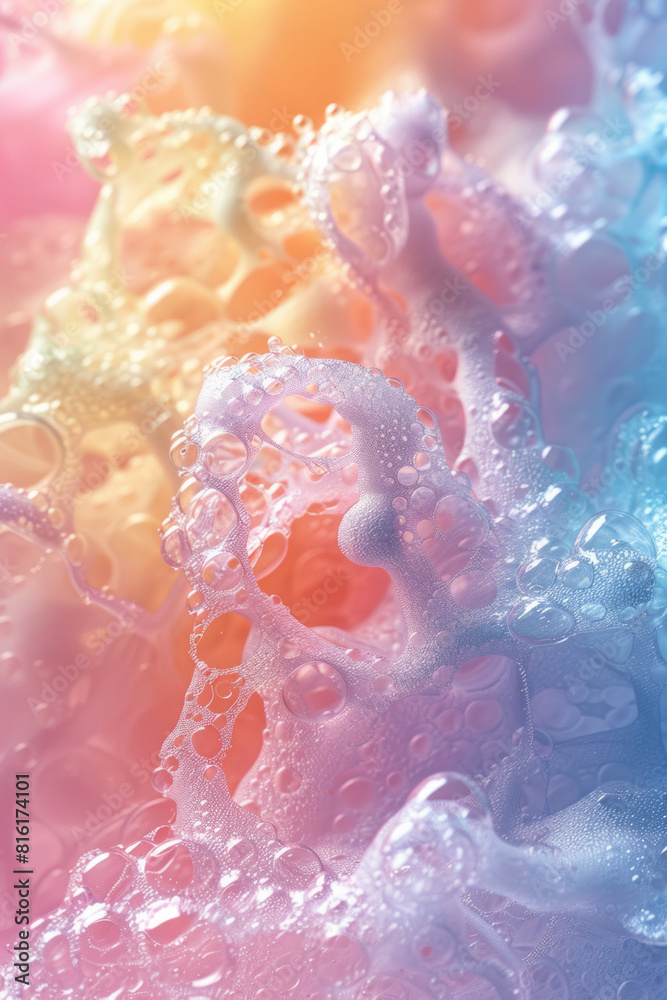 Illustration of a close-up of soap foam, with each bubble containing a unique, colorful fractal design,