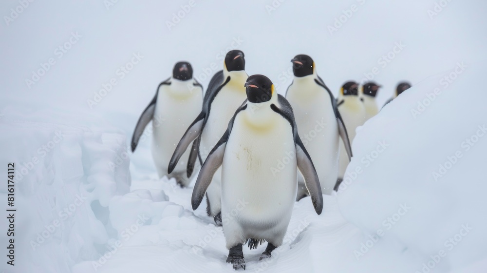Fototapeta premium A group of king penguins appear to march in single file through a white snowy expanse set against a gloomy overcast sky