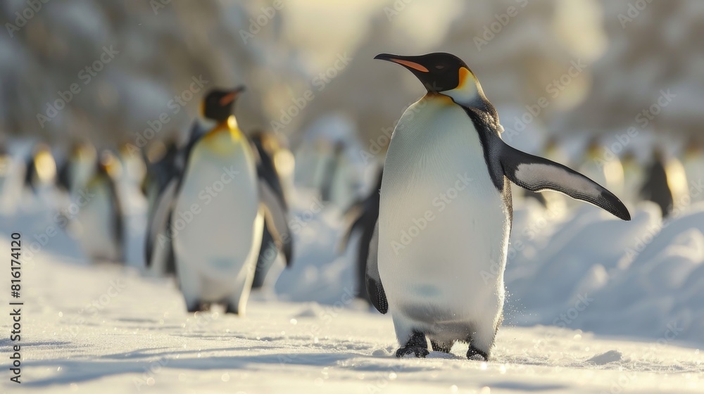 Fototapeta premium A king penguin strolls through a snow-covered landscape with soft sunlight illuminating its path amidst a group of penguins in the background