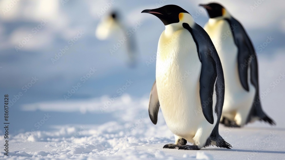 Fototapeta premium Majestic adult emperor penguins stand proudly in their icy habitat, embodying strength and family unity