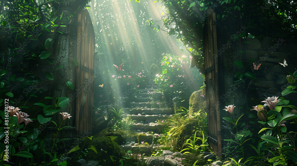 Fantasy enchanted fairy tale forest with magical opening secret wooden ...