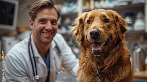 Happy Veterinarian or Doctor With Dog at Vet Clinic. Concept of Care,generative ai