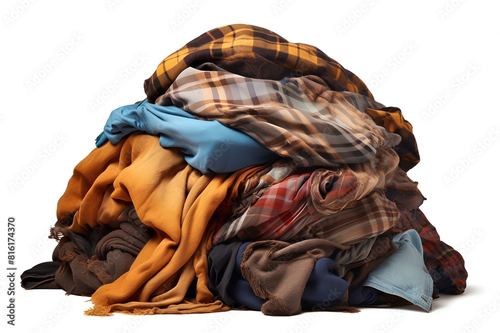 A pile of colored clothes lies on a white background. There is a pile of colorful clothes on the floor. A pile of colored clothes lies on a white background. There is a pile of colorful clothes on the floor.
