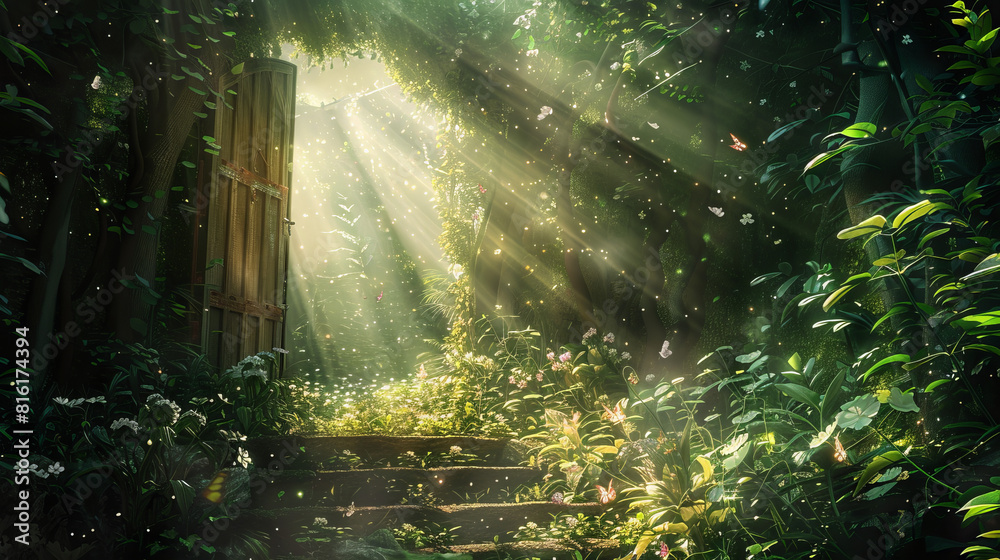 Fantasy enchanted fairy tale forest with magical opening secret wooden ...