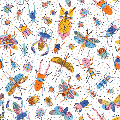 Colourful abstract bugs and beetles with lots of party confetti. Super bright and happy seamless pattern illustration