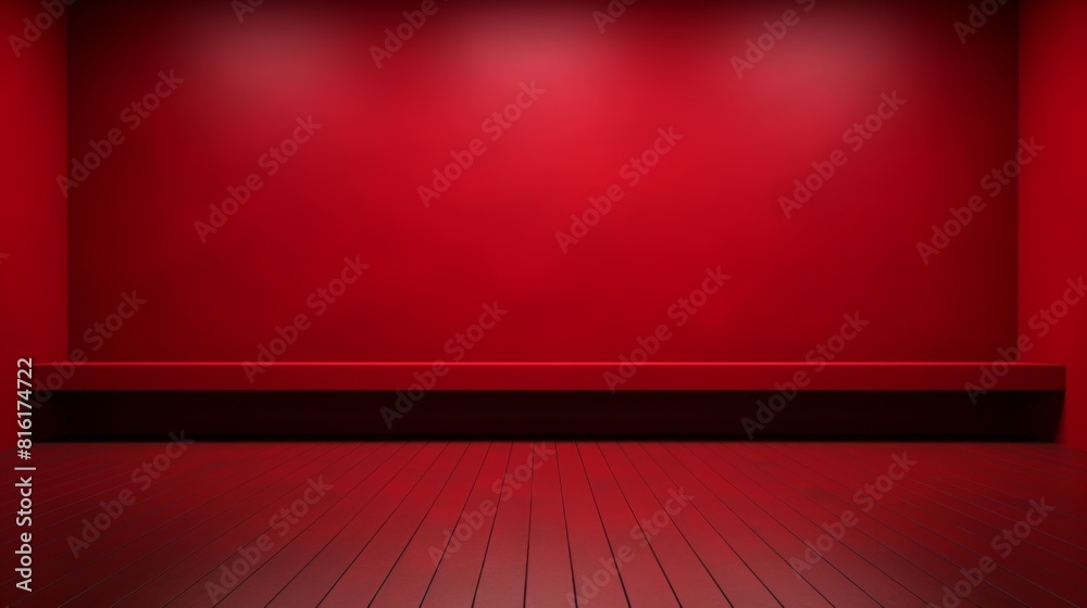 A minimalist photographic setting featuring a striking red room with a long sitting bench against a wall A minimalist photographic setting featuring a striking red room with a long sitting bench against a wall