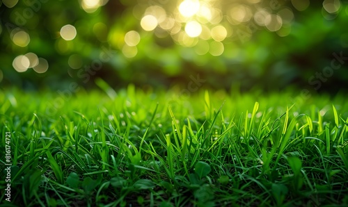 Bright green juicy grass on a blurry background. Soft focus. Summer sunny nature