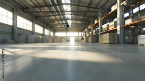 Warehouse interior blurred Empty warehouse without anyone Old warehouse interior without shelving Spacious hangar with metal roof Storage room with forklift Rental industrial premises : Generative AI