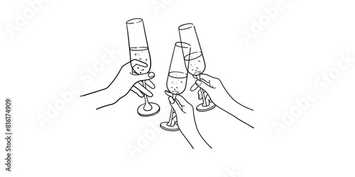 Continuous line champagne cheers one line art, continuous drawing contour.Toasting with wine glasses with drinks. Cheers toast festive decoration for holidays. Vector illustration	