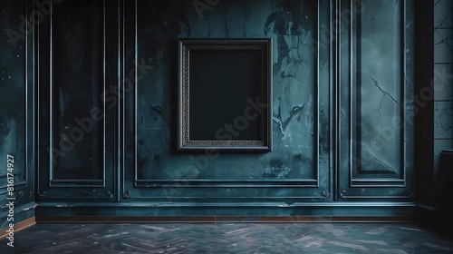 The image is a dark, blue-green room with a black frame on the wall. The room is empty and has a grunge look. photo