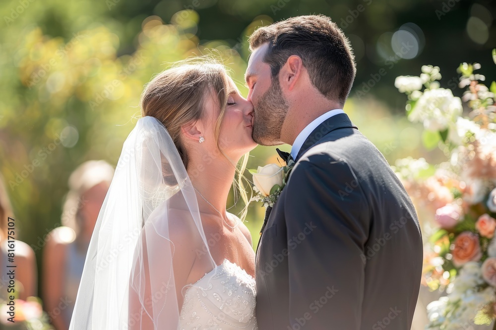 The groom kisses his sweetheart bride at their wedding after ceremony. Wedding day The groom kisses his sweetheart bride at their wedding after ceremony. Wedding day